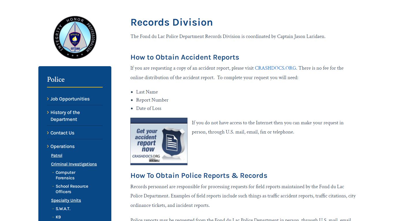 Records - Police - City of Fond du Lac - Fond du Lac, Wisconsin